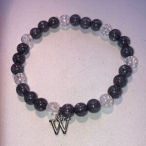 Black and Silver Glass Beaded Bracelet with W Charm